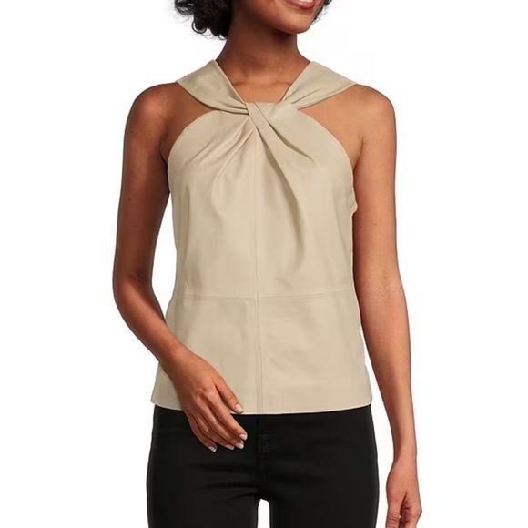 Antonio Melani Tobar Genuine Leather Twist Halter Neck Sleeveless Top. - Picture 1 of 11